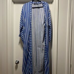 Blue and White Striped Long Cardigan